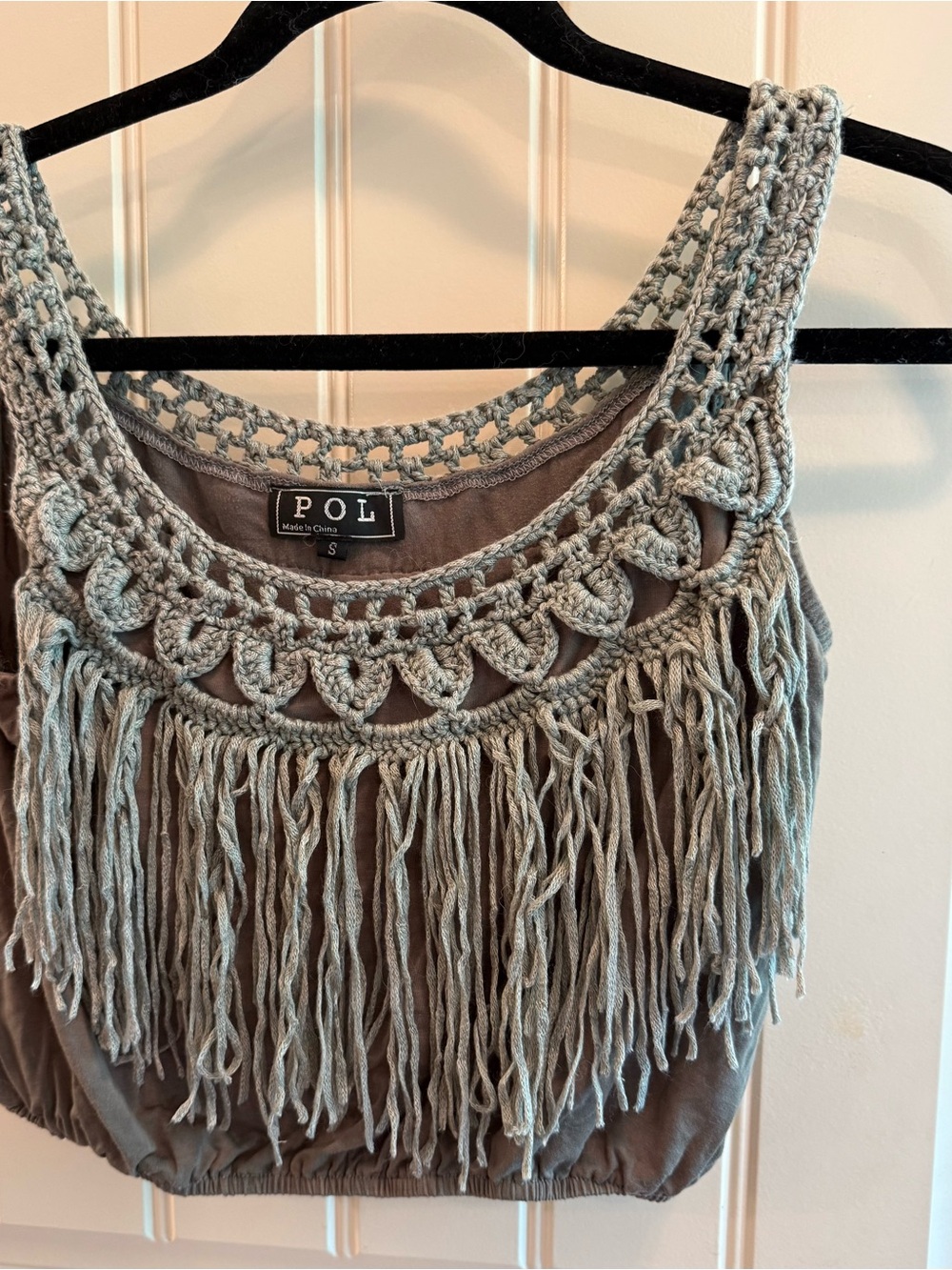 New Pol Crochet Fringe Crop Top in Green/Gray